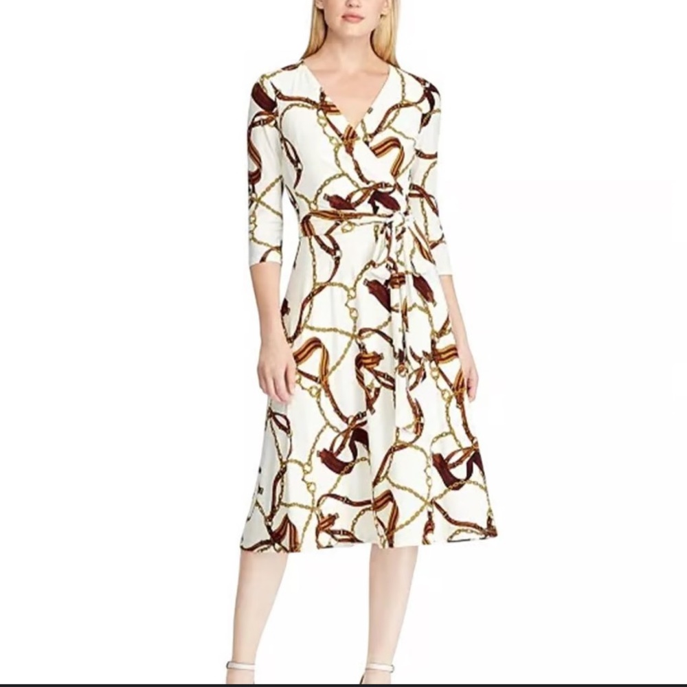 Ralph Lauren Black Label White Wrap Dress with Brown & Gold Chain Print